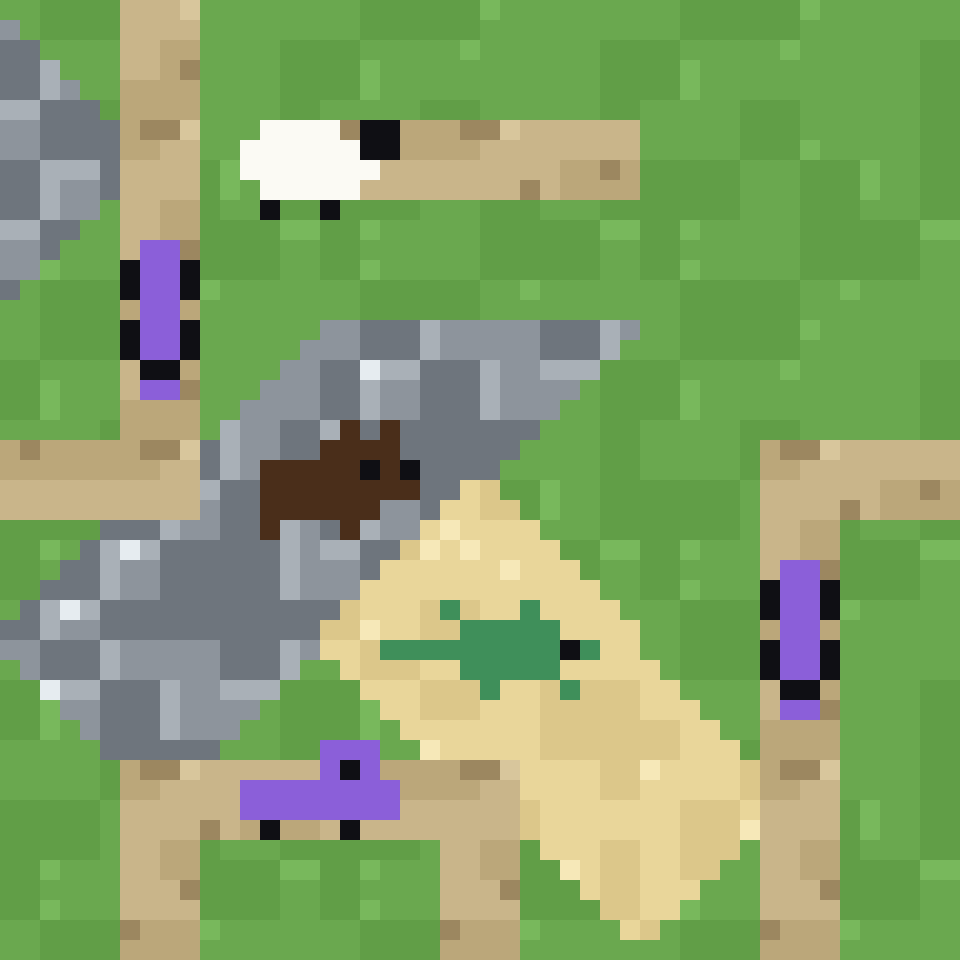 A finished Parcel plot: a sheep in a meadow, a bear on rock, a lizard on sand and trucks on the roads