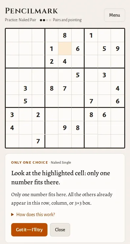 A Pencilmark sudoku with one cell highlighted and a hint card explaining why only one number fits there